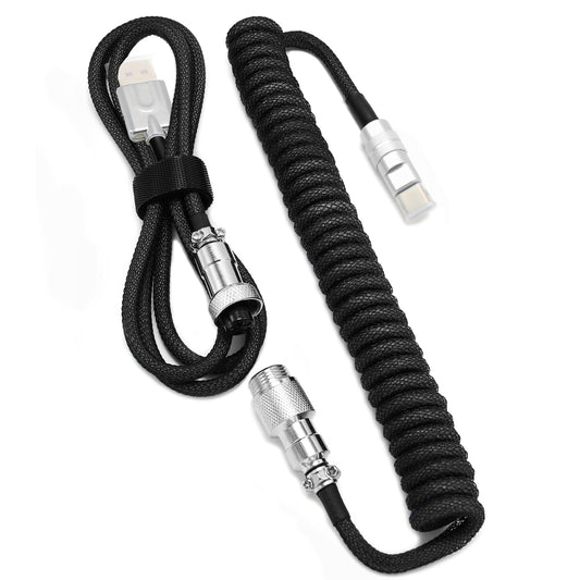 Black - Custom Coiled Aviator GX16 USB-C Mechanical Gaming USB Keyboard Cable 4ft
