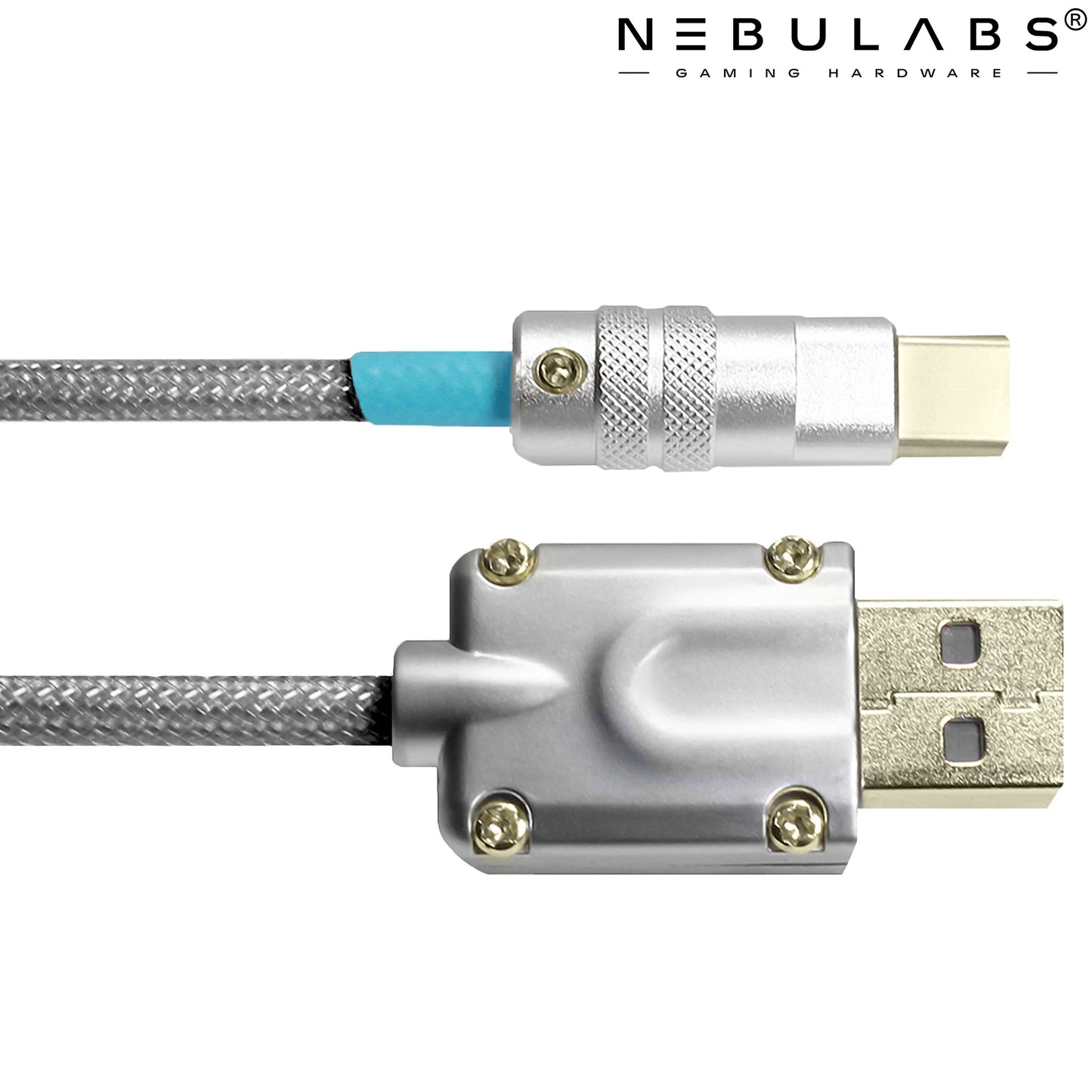 Blue & Gray - Metal Custom Coiled Aviator GX16 USB-C Mechanical Gaming USB Keyboard Cable 4ft