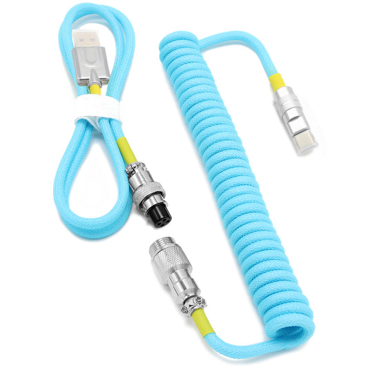 Blue & Yellow - Custom Coiled Aviator GX16 USB-C Mechanical Gaming USB Keyboard Cable 4ft