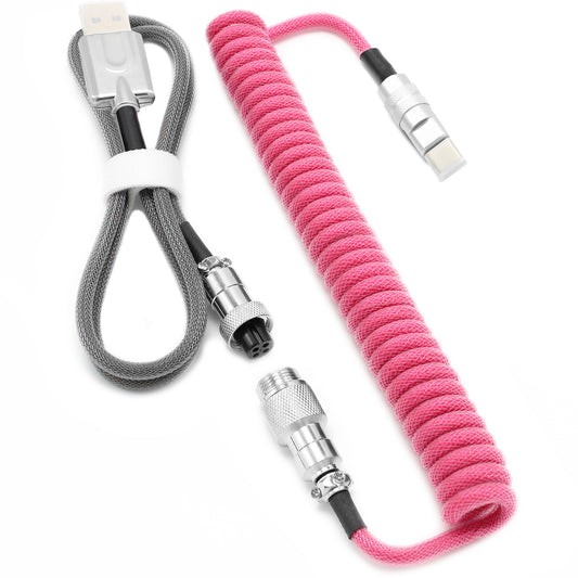 Pink & Gray - Custom Coiled Aviator GX16 USB-C Mechanical Gaming USB Keyboard Cable 4ft