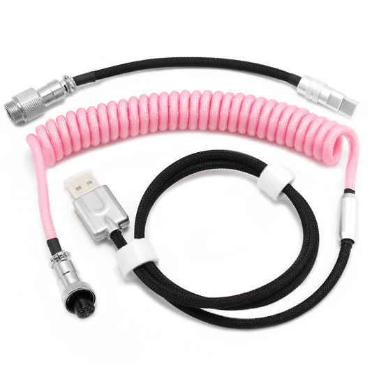 Pink & Black - Metal Custom Coiled Aviator GX16 USB-C Mechanical Gaming USB Keyboard Cable 4ft