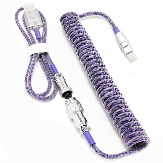 Purple - Custom Coiled Aviator GX16 USB-C Mechanical Gaming USB Keyboard Cable 4ft