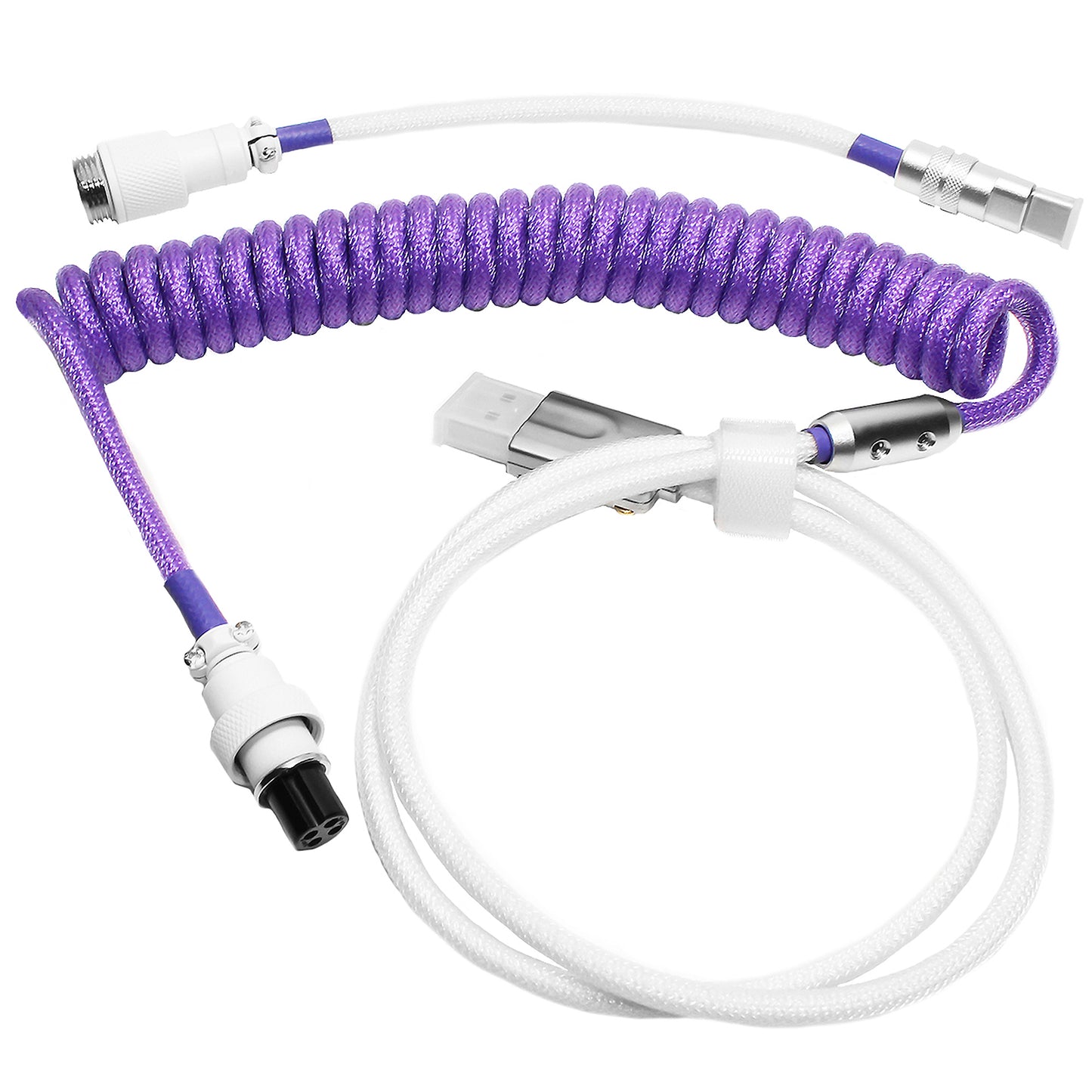 Purple & White - Metal Custom Coiled Aviator GX16 USB-C Mechanical Gaming USB Keyboard Cable 4ft