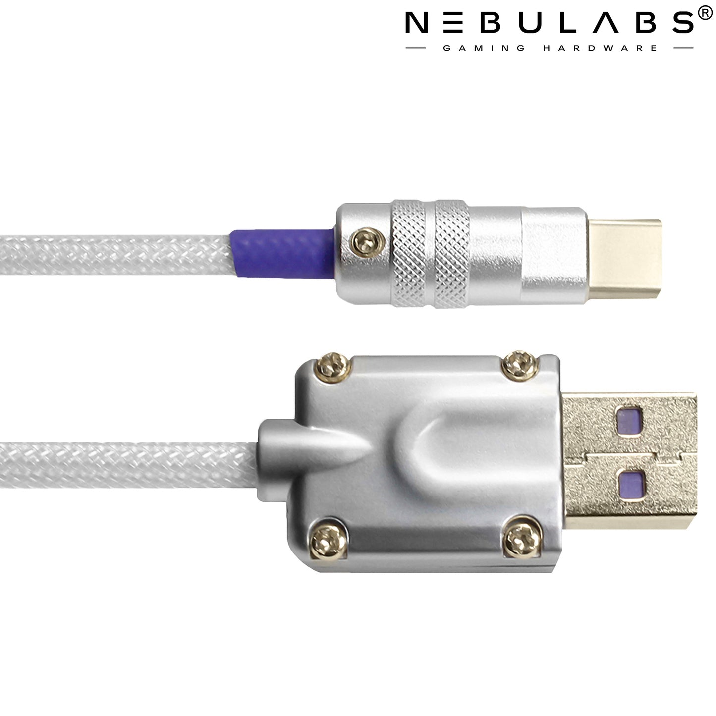 Purple & White - Metal Custom Coiled Aviator GX16 USB-C Mechanical Gaming USB Keyboard Cable 4ft