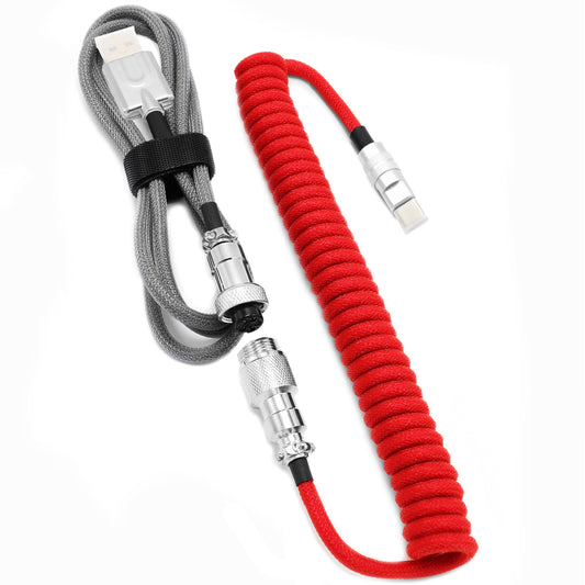 Red & Gray - Custom Coiled Aviator GX16 USB-C Mechanical Gaming USB Keyboard Cable 4ft