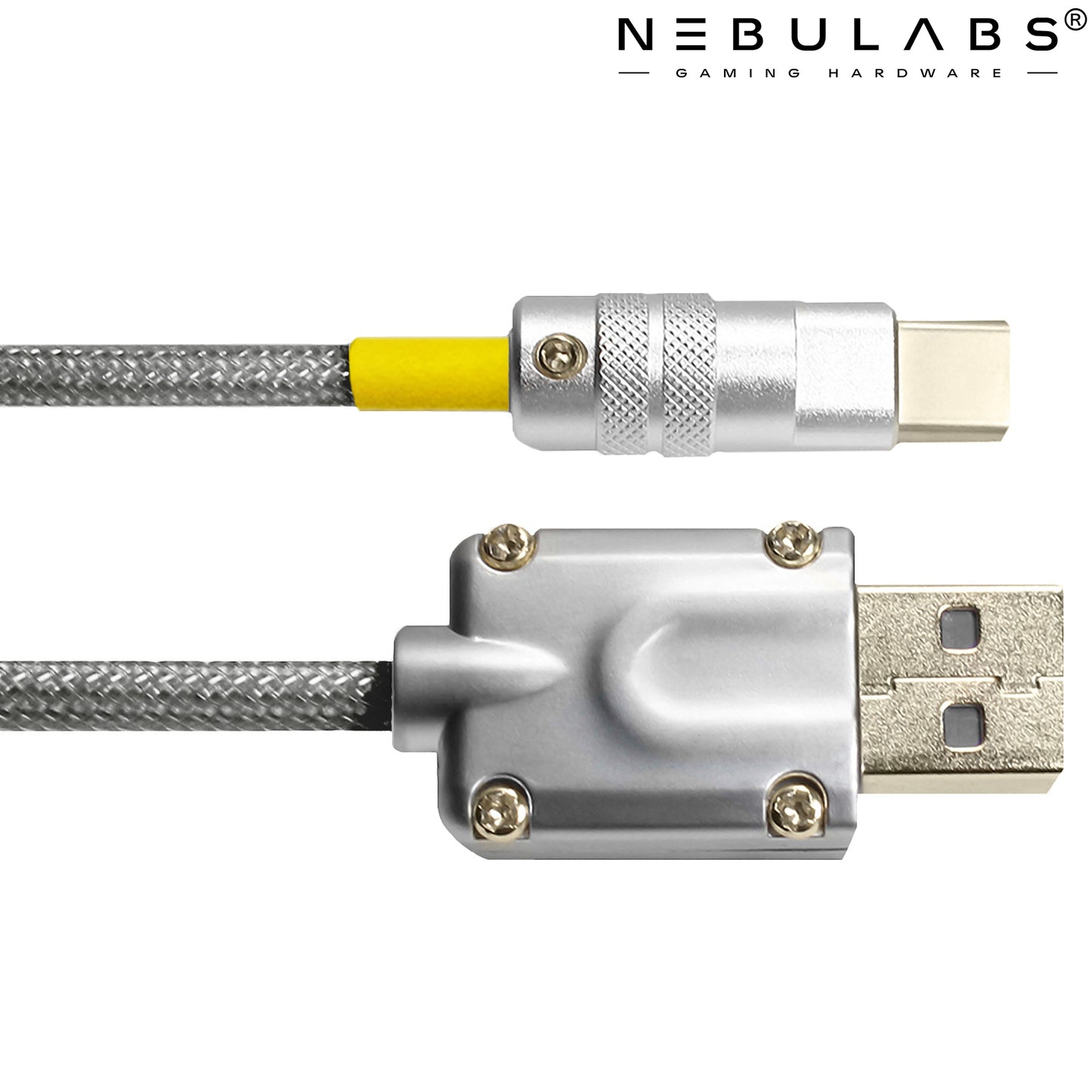 Yellow & Gray - Metal Custom Coiled Aviator GX16 USB-C Mechanical Gaming USB Keyboard Cable 4ft